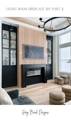 the living room fireplace diy part 2 is in black and white with wood paneling