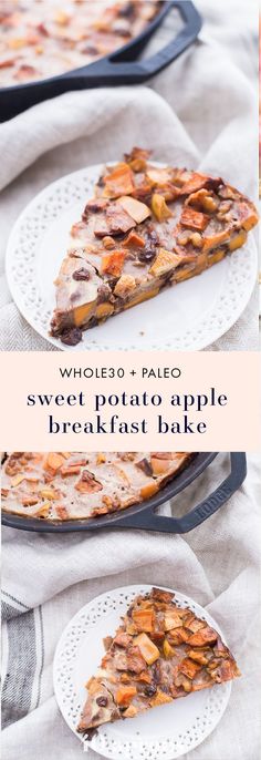 two slices of sweet potato apple breakfast bake on white plates with text overlay