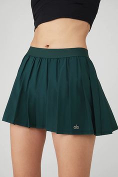 Varsity Tennis Skirt - Midnight Green | Alo Yoga Green Tennis Dress, Green Tennis Skirt, Tennis Fits, Tennis Skirt Black, Tennis Outfits, Style Aesthetics, Tennis Outfit, Midnight Green, Hockey Girl