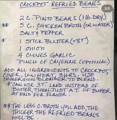 a recipe for crockpot fried beans written on a piece of white paper with blue ink