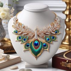 💎Beautiful jewelry designs ideas💎 Made with AI @Copyright by អាណាចក្រសម្រស់ [[ Beauty Empire ]] 🇰🇭 Ornate Ceremonial Necklace With Peacock Design, Luxury Formal Peacock Design Necklace, Luxury Peacock Design Necklaces For Women, Jewelry Designs Ideas, Luxury Peacock Design Jewelry, Peacock Accessories, Luxury Ornate Peacock Design Necklace, Peacock Necklace