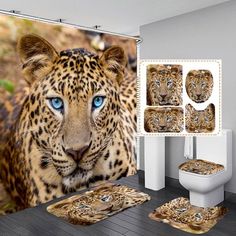 a bathroom with a leopard themed shower curtain, toilet and rugs in front of it