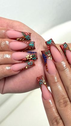 Cute Acrylic Nail Designs Long Square, Mexican Christmas Nails, Mexican Nails Acrylic, Mexican Style Nails Acrylic, Hispanic Nails Designs