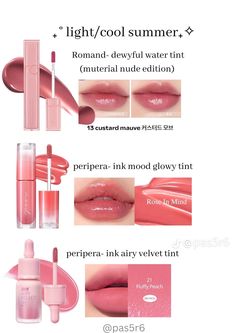 Cool Tone Lippies, Light Summer Lipstick, Summer Lipstick Colors, Korean Eyeshadow, Summer Lipstick, Asian Makeup Tutorials, Skin Color Palette, Makeup Shades