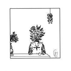 a black and white drawing of flowers in a vase