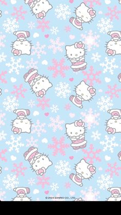 hello kitty wallpaper with snowflakes and pink bows on blue, white and pink colors