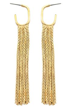 A 14-karat gold plate finish ensures these swingy chain fringe earrings have a lasting shine. 3 1/2" length Post back 14K gold plate Imported Chain Fringe, Girls Shoes Kids, Winter Sneakers, Winter Snow Boots, Girls Jeans, Baby Size, Free People Dress, Fringe Earrings, Keep Jewelry