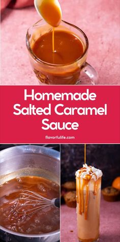 homemade salted caramel sauce is being poured into a glass cup with a spoon