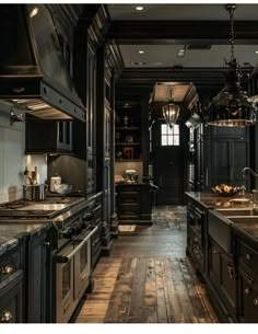 a large kitchen with black cabinets and wood flooring is seen in this image from the front view