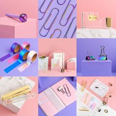 several different images of various items on a pink and purple background, including stationery