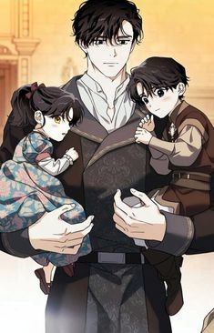 an anime character holding two young children