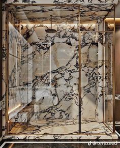 an elegant bathroom with marble walls and flooring, including a walk - in shower