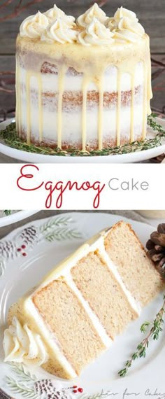 an eggnog cake with white frosting and pine cones on the top is shown