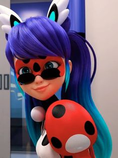 a cartoon character with blue hair and black eyeliners holding a red object in her hand