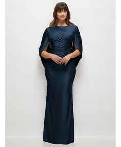 in stock Blue Evening Dress With Draped Sleeves For Formal Events, Evening Blue Maxi Dress With Draped Sleeves, Blue Maxi Dress With Draped Sleeves For Evening, Fitted Blue Evening Dress With Draped Sleeves, Navy Fitted Maxi Dress For Formal Occasions, Navy Fitted Evening Dress, Elegant Navy Evening Dress, Plus Size Formal Wear, Runway Gowns