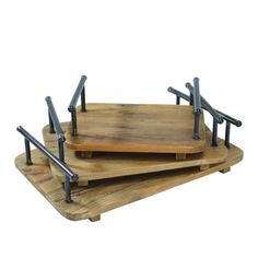 three wooden trays with black metal handles