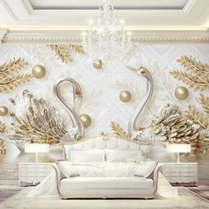 an elegant living room with swans on the wall and chandelier hanging from the ceiling