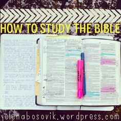 an open bible with the words how to study the bible on it and two pens