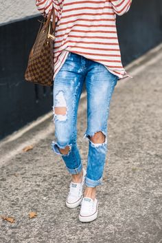 20 Trendy Spring Outfit Ideas Vestiti In Jeans, Moda Denim, Trendy Spring Outfits, Modest Summer Outfits, Casual Outfit Inspiration, Outfit Jeans, Casual Stripes, Mode Inspo