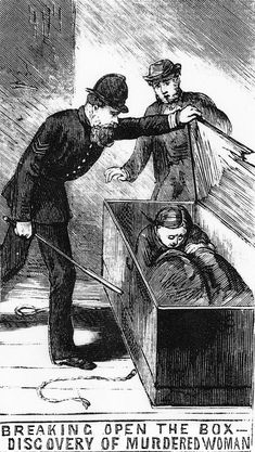 an old black and white drawing of two men in a box with the caption breaking open the box discovery of murdered woman