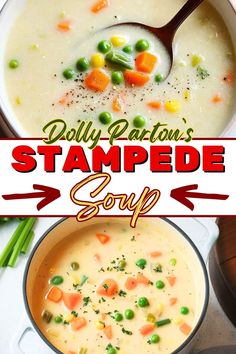 two pictures with different types of soup in them and the title says, dolly patron's stampede soup