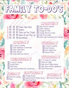 a printable family to do list with flowers