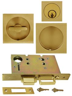 an assortment of brass door hardware and knobs