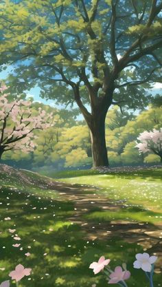 a painting of trees and flowers in the grass