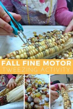 a person cutting corn on the cob with tongs and some other things in front of them