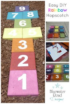 an easy diy rainbow hopscotch game for kids to play in the yard