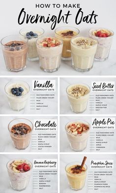 an advertisement for overnight oatmeal cups with different toppings and ingredients in them