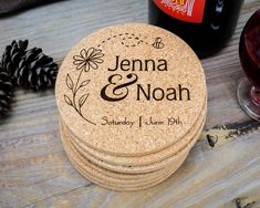 personalized cork coasters with wine and pine cones