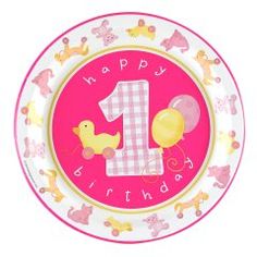 a pink and yellow 1st birthday card with an image of the number one on it