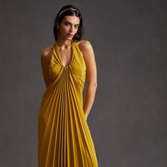 Plisse Dress Short, Maxi Dresses For Gatherings, Hydra Wedding, Rustic Mansion, Yellow Halter Dress, Dress Wishlist, Spy Aesthetic, Summer Halter Dress, Bride Or Die