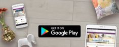 the google play logo is displayed next to two phones and vases with flowers on them