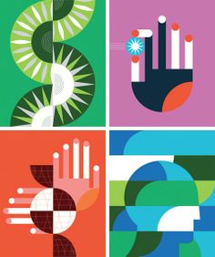 four different colored posters with hand and plant designs on the same page, one is for each