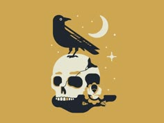 a black bird sitting on top of a skull with a skeleton in the foreground