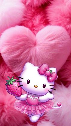 a hello kitty stuffed animal with a strawberry on it's head and pink fur