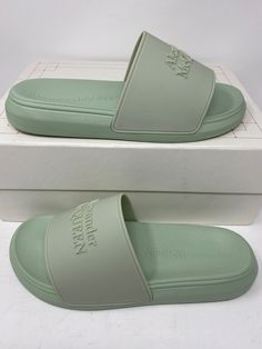 *** New with Box - No Shoe Bag - Current Style --   Photos 1-11 are of actual pair you will be receiving. Photo 12 is a Stock Photo    **** ALEXANDER MCQUEEN **** Oversized Hybrid Logo Slide Sandal - Pool Slide Pistacchio Mint Green Slide Sandal Slipper Slider Logo Unicolor Pistacchio - Mint Green Size 6 US, 39 EU *** ALEXANDER MCQUEEN Oversized Hybrid Logo Slide Sandal Pool Slide Pistacchio Slide Sandal Slipper Slider Logo Color Slide Sandal Color - Pistacchio - Mint Green Style - 663564W4QS0 - Alexander Mcqueen Shoes, Mens Shoes Sandals, Travel Brand, Slides Sandals, Current Styles, Logo Color, Green Fashion, Slide Sandals, Mint Green