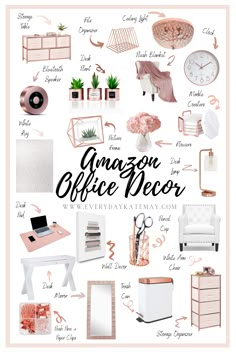 the cover of an amazon office decor book, with pink and white accessories on it