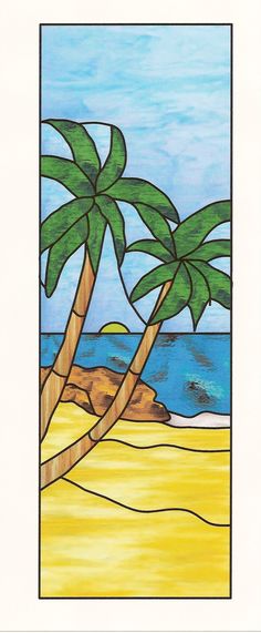 a painting of two palm trees on the beach