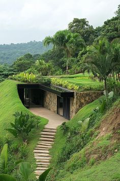 a green hillside with stairs leading up to the top and an open door on one side