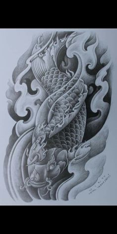 an ink drawing of a koi fish on paper