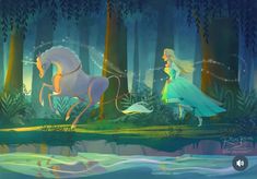 the princess and the unicorn are running through the forest