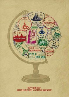 a globe with stamps all over it