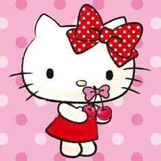 a hello kitty with a bow holding a heart shaped object in her hand and wearing a red dress