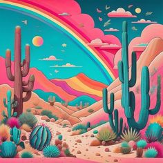 a painting of cactus and rainbows in the desert