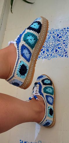 Stunning crochet lace up espadrilles, handcrafted in Turkey's west. ❤ Lace up Espadrilles,  in BLUE colored tones with granny square motifs. Made in Turkey with quality materials. QUALİTY: The shoes are knitted with premium quality Alize® cotton and acrylic blended yarns. These yarns, which are also used in making amigurumi, take the shape of your feet thanks to their flexibility and are light enough to make you feel like you don't have shoes on your feet. The bottom sole is made from  recyclabl Blue Espadrilles With Woven Sole For Beach, Low-top Espadrilles With Woven Sole For Beach, Beach Low-top Espadrilles With Woven Sole, Comfortable Low-top Espadrilles For Beach, Adjustable Lace-up Espadrilles, Low-top Espadrilles For Beach In Summer, Summer Espadrilles With Laces And Round Toe, Adjustable Lace-up Espadrilles For Beach, Beach Lace-up Adjustable Espadrilles