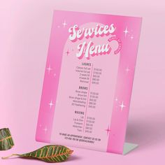 a pink menu card with a leaf on the bottom and stars in the background that says service menu