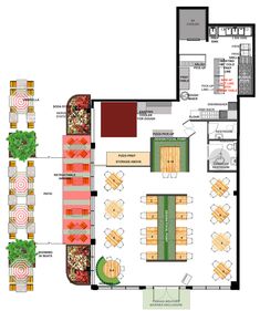 the floor plan for a restaurant with tables and chairs, an outdoor seating area, and several